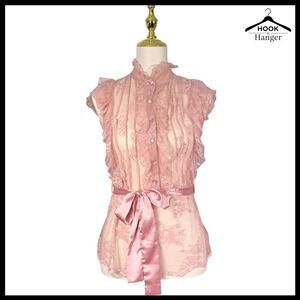 Charlotte Russe VTG Y2K Pink Lace Sheer Babydoll Top S Dainty Satin Tie Romantic